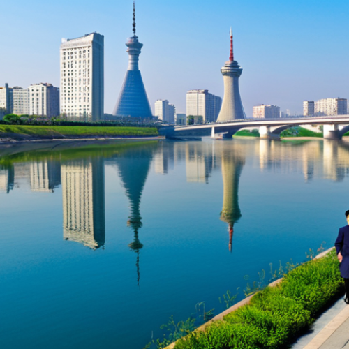 Home 20 Scenic River View**
"Panoramic view of the Taedong River in Pyongyang, North Korea, with the Juche Tower reflected in the water, a modern bridge in the background, clear blue sky, fully clothed people strolling along the embankment, safe for work, appropriate content, professional photography, perfect anatomy, natural proportions, family-friendly atmosphere, modest attire, high quality."
**