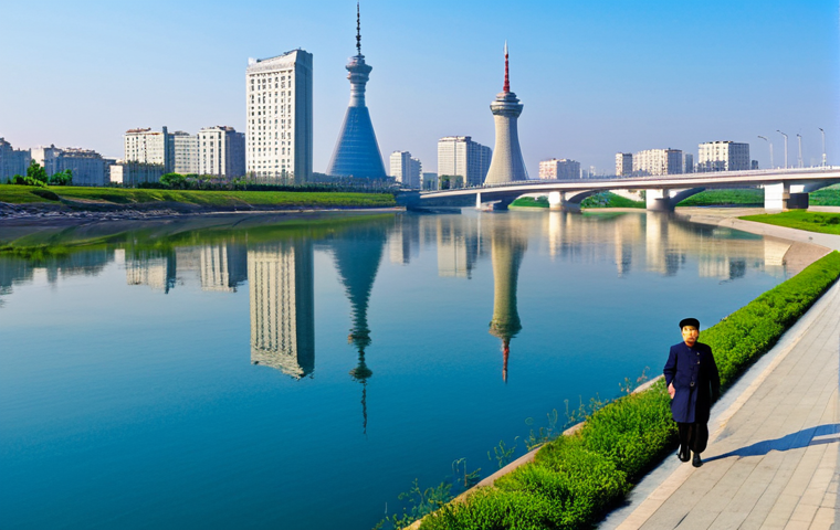Scenic River View**

"Panoramic view of the Taedong River in Pyongyang, North Korea, with the Juche Tower reflected in the water, a modern bridge in the background, clear blue sky, fully clothed people strolling along the embankment, safe for work, appropriate content, professional photography, perfect anatomy, natural proportions, family-friendly atmosphere, modest attire, high quality."

**