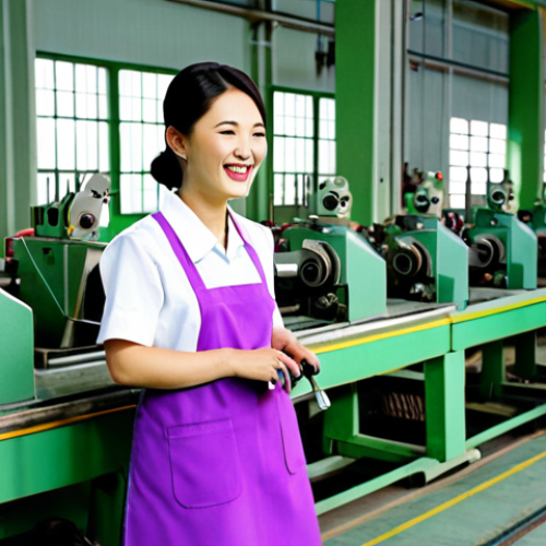 Home 19 **Prompt:** A still from a North Korean film, depicting a group of cheerful female factory workers in modest, colorful clothing, operating machinery with smiles. Background shows a clean, well-lit factory floor. Safe for work, appropriate content, fully clothed, professional, perfect anatomy, natural proportions, high quality.