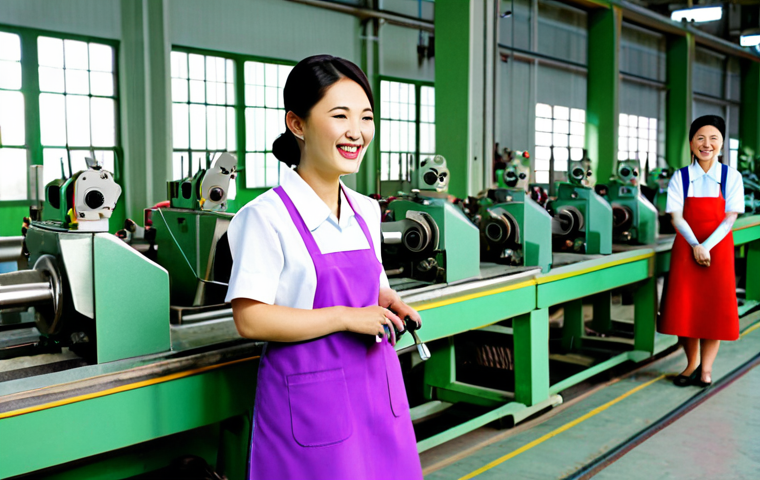 **Prompt:** A still from a North Korean film, depicting a group of cheerful female factory workers in modest, colorful clothing, operating machinery with smiles. Background shows a clean, well-lit factory floor. Safe for work, appropriate content, fully clothed, professional, perfect anatomy, natural proportions, high quality.