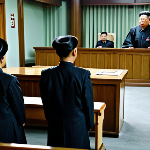 Home 12 **Prompt:** "A dimly lit courtroom in a North Korean city. A stern-faced judge in a formal uniform presides over a trial. Citizens dressed in modest, respectful clothing observe. The scene is serious and somber, reflecting the weight of the legal process. Safe for work, appropriate content, fully clothed, professional, modest, perfect anatomy, natural proportions, high quality, realistic."