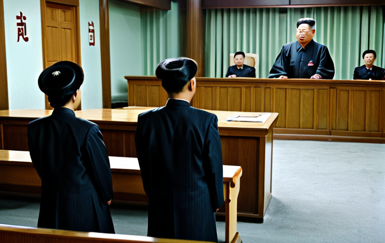**Prompt:** "A dimly lit courtroom in a North Korean city. A stern-faced judge in a formal uniform presides over a trial. Citizens dressed in modest, respectful clothing observe. The scene is serious and somber, reflecting the weight of the legal process. Safe for work, appropriate content, fully clothed, professional, modest, perfect anatomy, natural proportions, high quality, realistic."