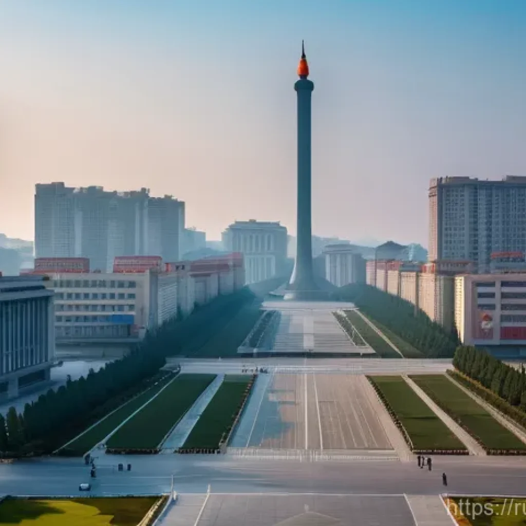 북한의 도시화 평양 중심 도시 계획 - **Prompt 1: Monumental Pyongyang Showcase**
A wide-angle, highly detailed, realistic photograph ...