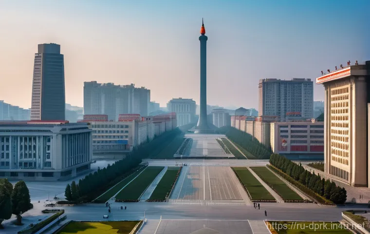 북한의 도시화 평양 중심 도시 계획 - **Prompt 1: Monumental Pyongyang Showcase**
A wide-angle, highly detailed, realistic photograph ...
