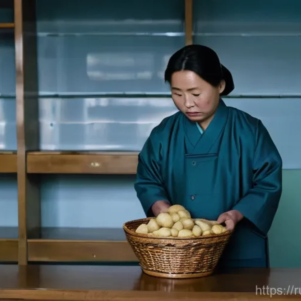 북한의 의료체계 병원과 약품 부족 문제 - **Prompt:** A solemn scene inside a dimly lit, sparsely equipped rural clinic in North Korea. A youn...