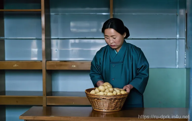 북한의 의료체계 병원과 약품 부족 문제 - **Prompt:** A solemn scene inside a dimly lit, sparsely equipped rural clinic in North Korea. A youn...