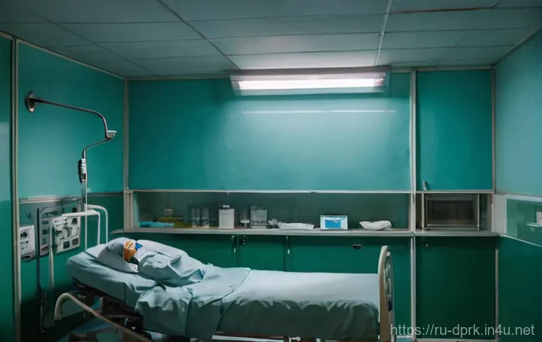 북한의 의료체계   병원과 약품 부족 문제 - **Prompt:** A solemn scene inside a dimly lit, sparsely equipped rural clinic in North Korea. A youn...