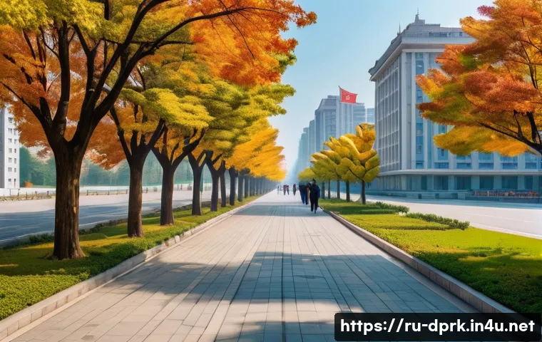 평양 방문 방법 비자 발급 절차 - **Prompt:** A clean and expansive street scene in the heart of Pyongyang, North Korea, captured duri...