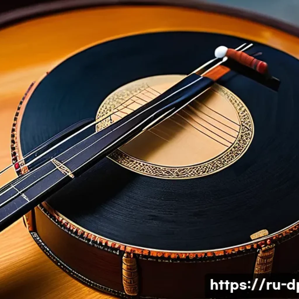북한의 전통 악기 아쟁과 장고 - A traditional Korean ayan string instrument crafted from polished special wood with a long, hollowed...