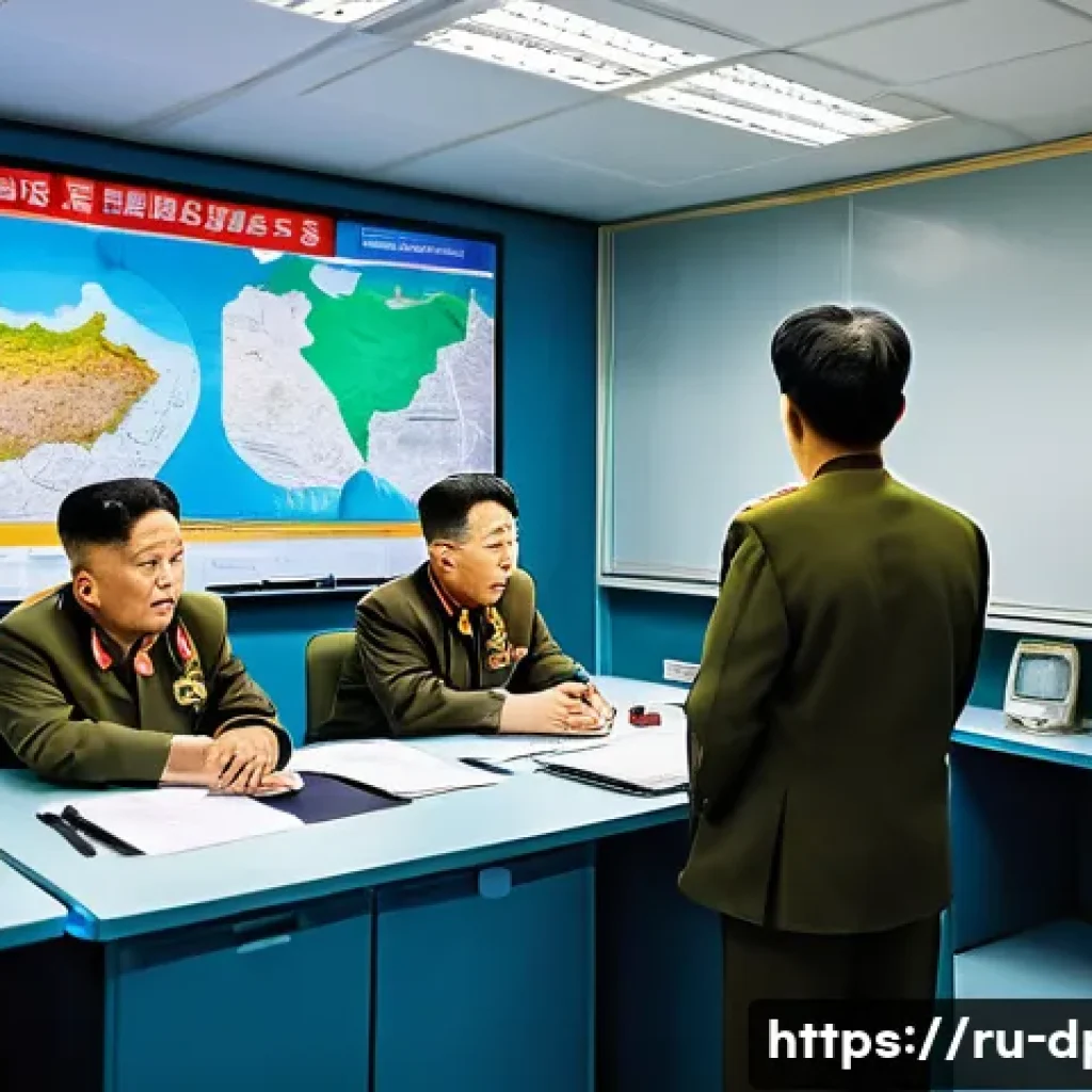 북한의 재난 구조 대응 체계 - A detailed scene of a North Korean emergency response command center, featuring a high-ranking offic...