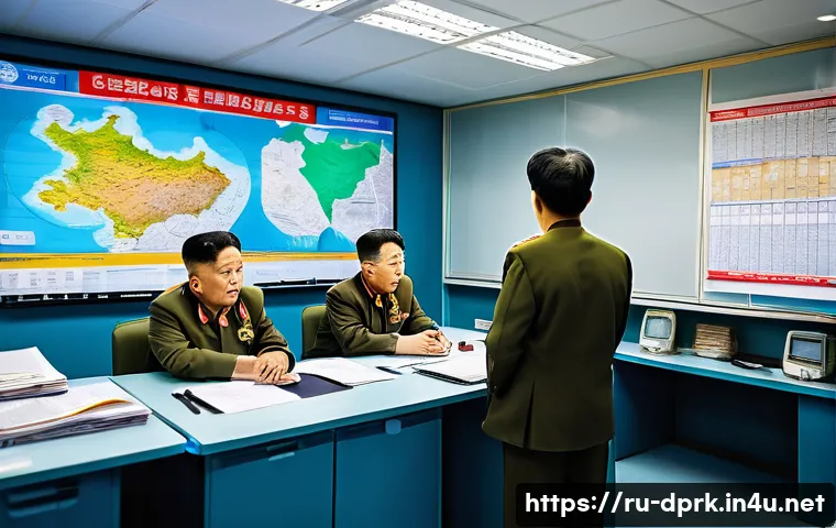 북한의 재난 구조 대응 체계 - A detailed scene of a North Korean emergency response command center, featuring a high-ranking offic...