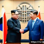 Home 21 북한과 한국의 관계 통일 문제와 전망 - A detailed scene of a diplomatic summit between North and South Korean officials in a modern confere...