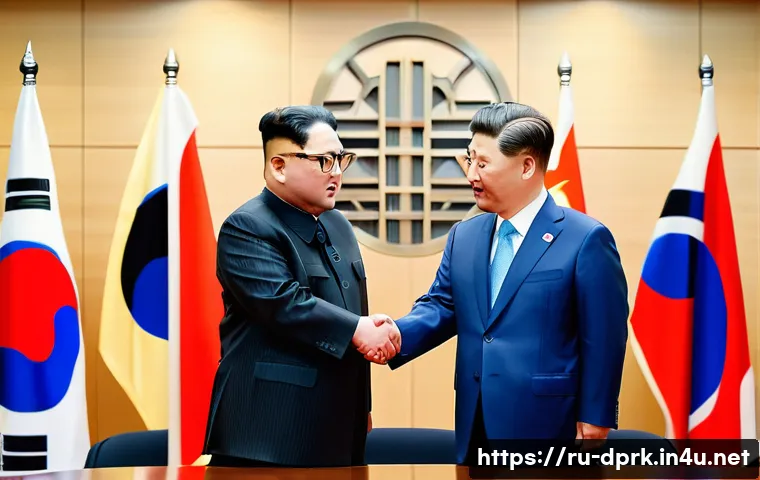 북한과 한국의 관계 통일 문제와 전망 - A detailed scene of a diplomatic summit between North and South Korean officials in a modern confere...