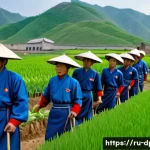 Home 20 북한의 위기 관리 기근과 지원 체계 - A detailed scene of a North Korean rural collective farm during planting season, showing groups of f...
