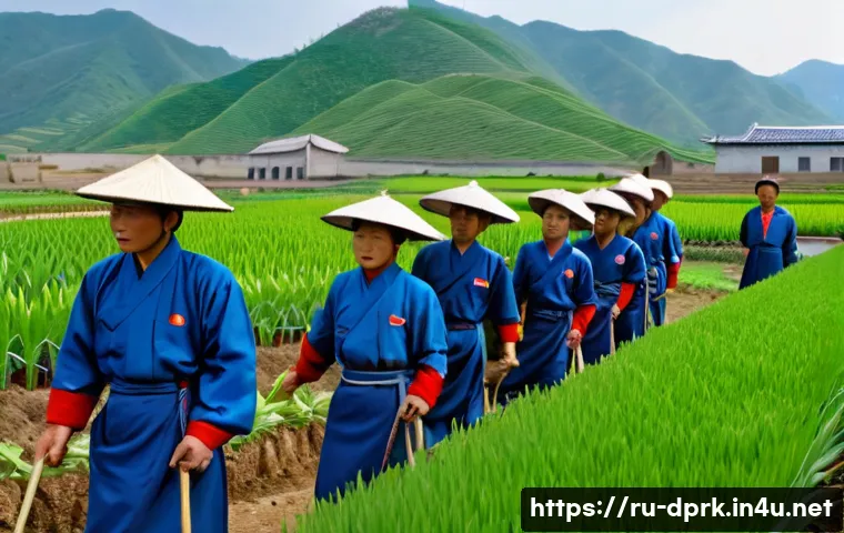 북한의 위기 관리 기근과 지원 체계 - A detailed scene of a North Korean rural collective farm during planting season, showing groups of f...