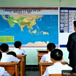 Home 19 북한의 철학 마르크스주의의 영향 - A highly detailed scene depicting a North Korean classroom in a traditional school setting, where st...