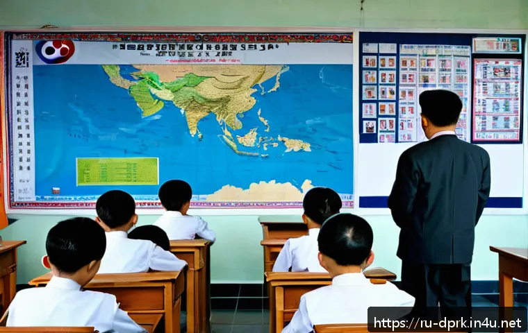 북한의 철학 마르크스주의의 영향 - A highly detailed scene depicting a North Korean classroom in a traditional school setting, where st...