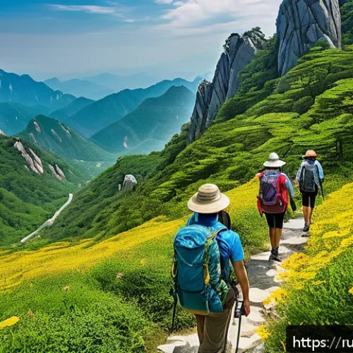 Home 17 조선민주주의인민공화국 관광지 금강산 등산정보 - A scenic mountain hiking trail on Mount Kumgang during early summer, featuring a diverse group of hi...