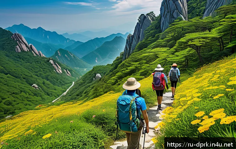 조선민주주의인민공화국 관광지 금강산 등산정보 - A scenic mountain hiking trail on Mount Kumgang during early summer, featuring a diverse group of hi...