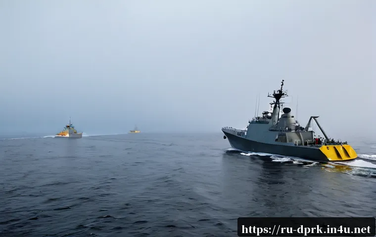 Home 17 북한 사건사고 서해 교전 - Photorealistic naval tension scene in the Yellow Sea at dawn, two unmarked patrol vessels moving acr...